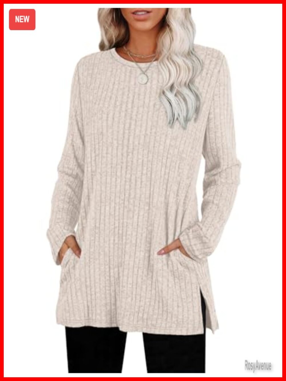 Womens Tunic Sweater Crewneck Long Sleeve with Pockets Side Slit Lightweight